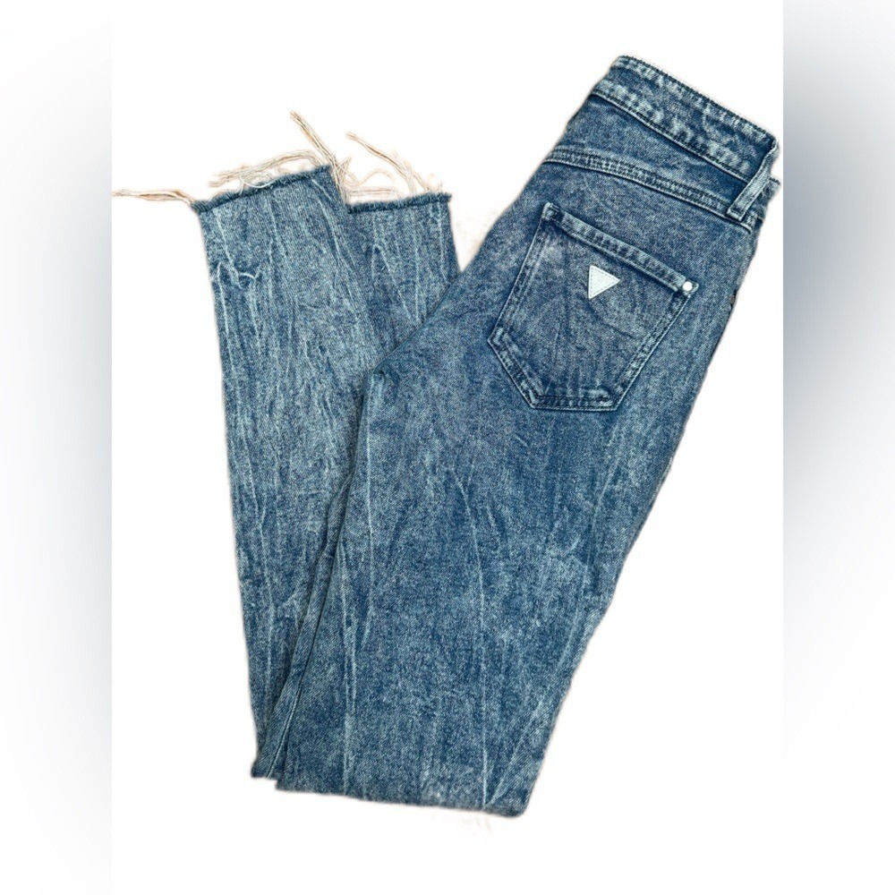 GUESS 1981 Skinny‎ Jeans Blue Acid Wash High Rise Raw Hem W25 L26.5